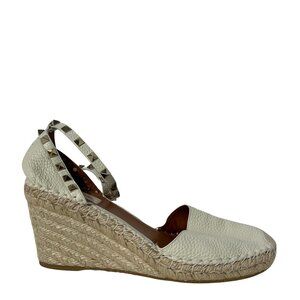 Valentino Garavani White Leather Rockstud Espadrille Wedge Ankle Wrap 41
